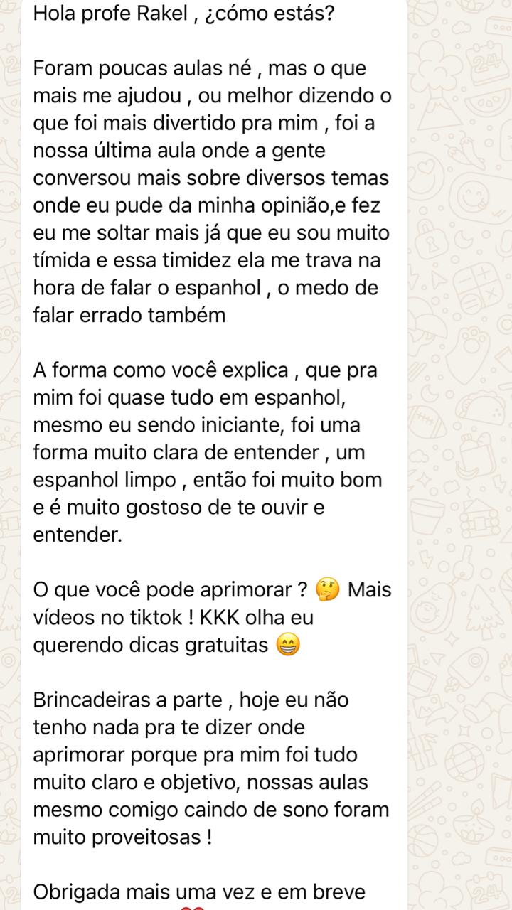 Mensagem elogiando a evolução rápida com a professora